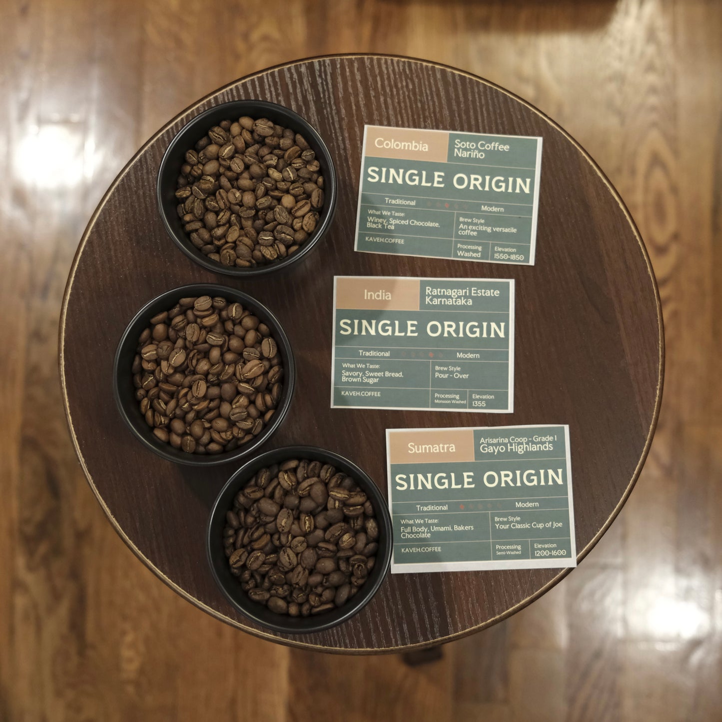 India, Ratnagari — Karnataka, Monsoon Washed
Sumatra, Arisarina — Gayo, Semi Washed
Colombia, Soto — Nariño, Washed