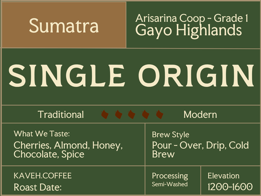 Sumatra coffee label from Arisarina Coop with details on origin, taste profile, and brewing information.